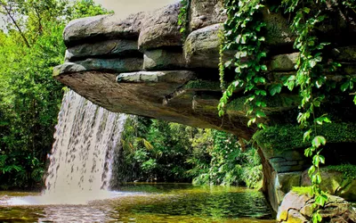 Serene Waterfall Cascades Rocky Ledge Nature Wallpaper 4K 2560x1600 A, Serene, Waterfall, Cascades, Over, Rocky, Ledge, Surrounded, Lush, Greenery, Creating, Tranquil, Gray, Ultrawide, QHD