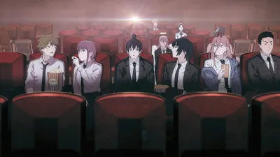 Chainsaw Man Characters Seated Dim Nature Wallpaper 4K 3840x2160 Chainsaw, Man, Characters, Seated, In, A, Dim, Movie, Theater, Chatting, Sharing, Popcorn, Gray, Ultrawide, 4k