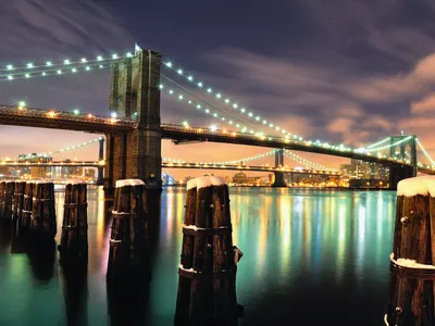 Epic Brooklyn Wallpaper World Wallpaper 4K 1600x1200 Hd, Pc, Desktop, Wallpaper, Brooklyn, Bridge, At, Night, Man-made, Span, Lit, Strings, Purple, Brown, Gray, Landscape