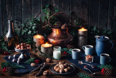 Vibrant Still Wallpaper Abstract Wallpaper 4K 5184x3456 A, Still, Life, Photography, Scene, With, Candles, Nuts, Berries, Rustic, Pottery, Evergreen, Purple, Gray, White, Landscape, 4k
