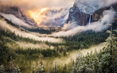 Serene Landscape Waterfall Nature Wallpaper 4K 2560x1600 A, Serene, Landscape, Featuring, Waterfall, Cascading, Through, Misty, Mountains, Sunrise, Surrounded, Lush, White, Gray, Ultrawide, QHD