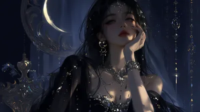 Serene Art Wallpaper Space Wallpaper 4K 2912x1632 Ai, Art, Anime, Girl, Moon, In, A, Jeweled, Dark, Gown, Beneath, Crescent, Brown, Gray, Ultrawide, QHD