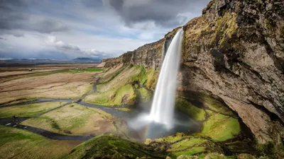 Seljalandsfoss Waterfall Cascades Cliff Nature Wallpaper 4K 3840x2160 Seljalandsfoss, Waterfall, Cascades, From, A, Cliff, Into, Lush, Green, Icelandic, Landscape, Under, White, Gray, Ultrawide, 4k
