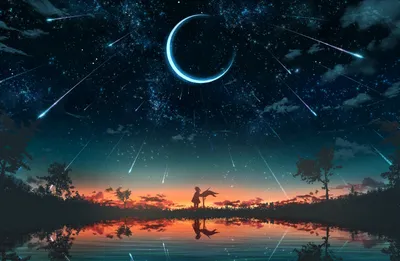 Anime Crescent Moon Star Nature Wallpaper 4K 2934x1915 Anime-style, Hd, Desktop, Wallpaper, Featuring, A, Crescent, Moon, Star, Trails, Shooting, Stars, Gray, Ultrawide, QHD