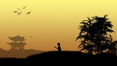 Artistic Oriental Silhouetted Animals Wallpaper 4K 1920x1080 Artistic, Oriental, Hd, Desktop, Wallpaper, Featuring, Silhouetted, Bamboo, Bird, Person, Against, Golden, Yellow, Pink, Ultrawide, Full HD