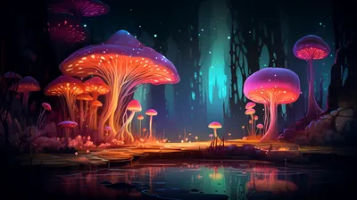 Serene Fantasy Wallpaper Fantasy Wallpaper 4K 2912x1632 Hd, Wallpaper, Of, A, Fantasy, Forest, With, Glowing, Bioluminescent, Mushrooms, Tranquil, Pond, Orange, Ultrawide, QHD