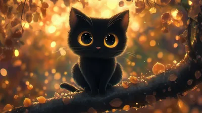 Charming Black Cat Large Nature Wallpaper 4K 2912x1632 A, Charming, Black, Cat, With, Large, Expressive, Eyes, Sits, Tree, Branch, Surrounded, Yellow, Orange, Ultrawide, QHD