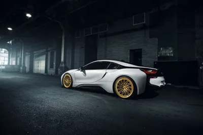 Sleek White Wallpaper Cars Wallpaper 4K 2048x1365 White, Bmw, I8, Supercar, With, Gold, Rims, Parked, Dim, Industrial, Garage, Desktop, Gray, Ultrawide, Full HD