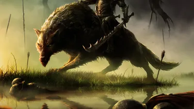 Dark Warrior Astride Massive Animals Wallpaper 4K 1920x1080 Dark, Warrior, Astride, A, Massive, Wolf-like, Beast, Blade, Raised, Over, Misty, Marsh, Gray, Ultrawide, Full HD