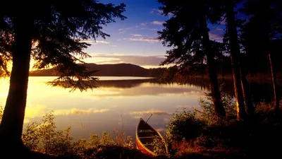 Crisp Serene Wallpaper Nature Wallpaper 4K 1920x1080 Hd, Wallpaper, Of, A, Serene, Lake, At, Sunset, Framed, Silhouetted, Trees, Canoe, Gray, Brown, Ultrawide, Full HD