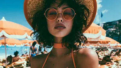 Epic Woman Wallpaper Nature Wallpaper 4K 2944x1648 Woman, In, A, Straw, Hat, And, Round, Sunglasses, Sunny, Crowded, Beach, Vibrant, Orange, Pink, Brown, Ultrawide, QHD