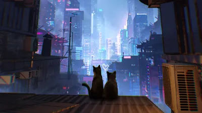 Two Cats Sitting Rooftop Overlooking Animals Wallpaper 4K 3840x2160 Two, Cats, Sitting, On, A, Rooftop, Overlooking, Futuristic, Neon-lit, Sci‑fi, City, Desktop, Gray, Pink, Ultrawide, 4K