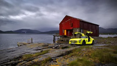 Epic Yellow Wallpaper Cars Wallpaper 4K 1920x1080 Yellow, Mercedes, Sports, Car, With, Gull-wing, Doors, Open, Parked, Rocky, Shore, Near, Gray, Ultrawide, Full HD