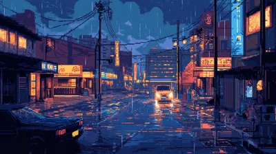 Epic Vibrant Wallpaper World Wallpaper 4K 2912x1632 A, Vibrant, Pixel, Art, Depiction, Of, Rainy, City, Street, Featuring, Illuminated, Storefronts, Brown, Ultrawide, QHD