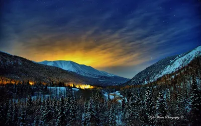 Serene Mountain Landscape Night Nature Wallpaper 4K 1920x1200 A, Stunning, Hd, Wallpaper, Featuring, Serene, Mountain, Landscape, Night, Surrounded, Snow-covered, Trees, Orange, Ultrawide, Full HD