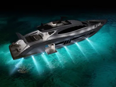 Sleek Yacht Illuminated Underwater Black/Dark Wallpaper 4K 1600x1200 Hd, Pc, Desktop, Wallpaper, Featuring, A, Sleek, Yacht, Illuminated, Underwater, Lights, Cruising, Orange, Yellow, Landscape