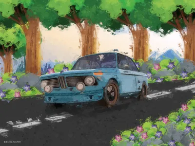 Watercolor Vintage Blue Car Nature Wallpaper 4K 2500x1875 Watercolor, Hd, Pc, Desktop, Wallpaper, Of, A, Vintage, Blue, Car, Tree-lined, Road, White, Landscape, Full HD