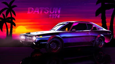 Retro Datsun Car Reflective Grid Nature Wallpaper 4K 5760x3240 Retro, 1974, Datsun, Car, Parked, On, A, Reflective, Grid, Sunset, Neon, Purple-orange, White, Red, Ultrawide, 4k