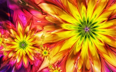 Serene Artistic Wallpaper Abstract Wallpaper 4K 1920x1200 Artistic, Colorful, Abstract, Floral, Painting, In, Vivid, Yellows, Pinks, Greens, Kaleidoscopic, Petals, Yellow, Purple, Ultrawide, Full HD