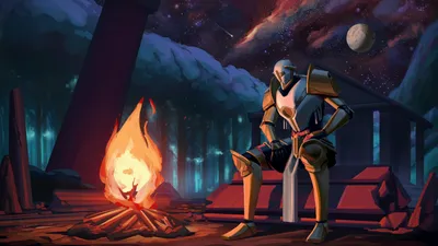 Gaming Art Paladin Ultrakill Space Wallpaper 4K 1920x1080 Hd, Gaming, Art, Wallpaper, Featuring, A, Paladin, From, Ultrakill, Sitting, Bonfire, Under, White, Purple, Ultrawide, Full HD
