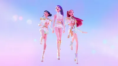 Three Stylized Kpop Demon Nature Wallpaper 4K 7680x4320 Three, Stylized, Kpop, Demon, Hunters:, In, Glittering, Stage, Outfits, Stride, Against, Dreamy, White, Ultrawide, 4k