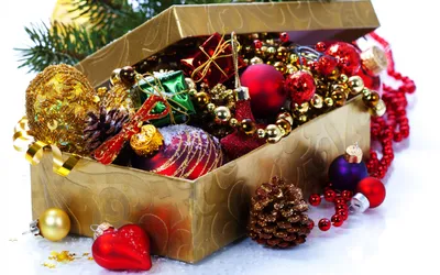 Bold Festive Wallpaper Abstract Wallpaper 4K 2560x1600 A, Festive, Box, Overflowing, With, Colorful, Christmas, Ornaments, Including, Shiny, Baubles, Garlands, White, Gray, Ultrawide, QHD