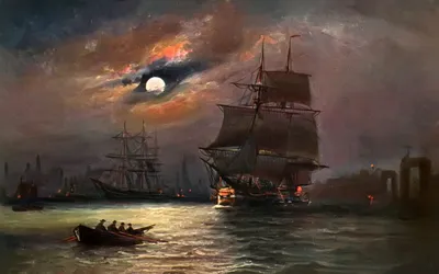 Artistic Painting Tall Ships Space Wallpaper 4K 1920x1200 Artistic, Painting, Of, Tall, Ships, Sailing, Under, A, Glowing, Full, Moon, Silhouetted, Brown, Ultrawide, Full HD