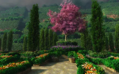 Bright Vibrant Wallpaper Nature Wallpaper 4K 2560x1600 A, Vibrant, Man-made, Garden, Featuring, Lush, Greenery, And, Colorful, Flowers, Centered, Around, Gray, Ultrawide, QHD