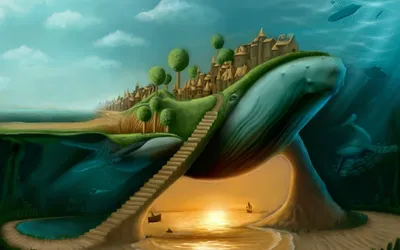 Whimsical Fantasy Landscape Giant Nature Wallpaper 4K 1920x1200 A, Whimsical, Fantasy, Landscape, Featuring, Giant, Whale, Cradling, Quaint, Village, Staircase, Descending, Brown, Orange, Ultrawide, Full HD