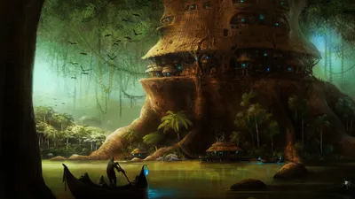 Whimsical Fantasy House Nestled Nature Wallpaper 4K 1920x1080 A, Whimsical, Fantasy, House, Nestled, In, Lush, Forest, Surrounded, Tranquil, River, Creates, Gray, Brown, Ultrawide, Full HD