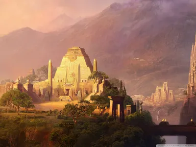 Crisp Depicting Wallpaper Nature Wallpaper 4K 1600x1200 Hd, Pc, Desktop, Wallpaper:, Depicting, A, Fantasy, Landscape, Ancient, Temple, Structures, Surrounded, Gray