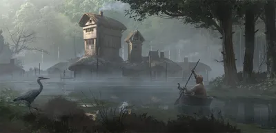 Dark Fantasy Landscape Nature Wallpaper 4K 2232x1080 A, Dark, Fantasy, Landscape, With, Foggy, River, Heron, Mysterious, Houses, Surrounded, Trees, Gray, Ultrawide, Full HD