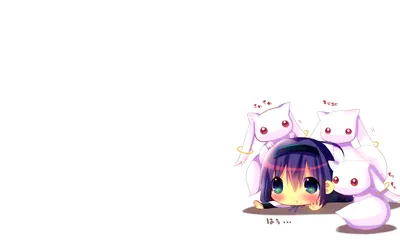 Chibi Homura Akemi Peeking Fantasy Wallpaper 4K 1920x1200 Chibi, Homura, Akemi, Peeking, From, The, Lower-right, Surrounded, Multiple, Kyuubey, Creatures, Bright, White, Ultrawide, Full HD