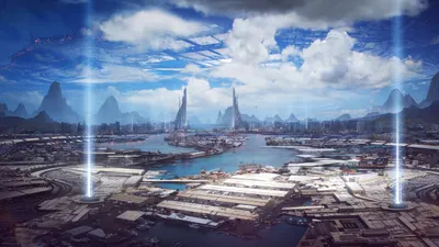 Sci Cityscape Futuristic Buildings Beams World Wallpaper 4K 2560x1440 A, Sci-fi, Cityscape, With, Futuristic, Buildings, Beams, Of, Light, Vibrant, Harbor, Under, White, Ultrawide, QHD