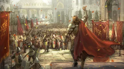 Sleek Bold Wallpaper Fantasy Wallpaper 4K 1920x1080 A, Bold, Knight, In, Shining, Armor, Stands, On, Platform, Rallying, Massive, Crowd, Gray, Ultrawide, Full HD
