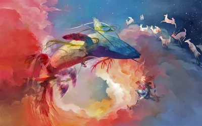 Calm Vibrant Wallpaper Abstract Wallpaper 4K 1920x1200 A, Vibrant, Fantasy, Scene, Featuring, Majestic, Whale, Soaring, Through, Colorful, Clouds, Accompanied, Green, Pink, Gray, Ultrawide, Full HD