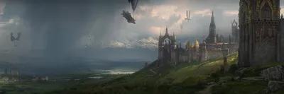 Mystical Castle Stands Fantasy Wallpaper 4K 3000x1000 A, Mystical, Castle, Stands, Against, Breathtaking, Landscape, Soaring, Mountains, Airships, Creating, Captivating, Gray, Ultrawide, QHD