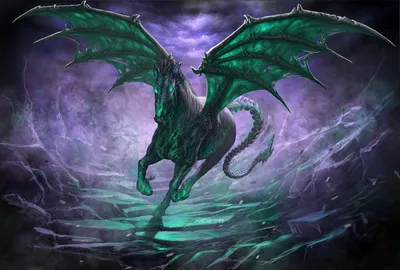 Dark Mythical Horse Animals Wallpaper 4K 1920x1294 A, Dark, Mythical, Horse, With, Large, Green, Wings, Long, Tail, Emerges, Misty, Gray, Landscape, Full HD