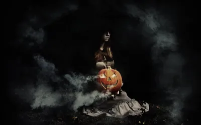 Dreamy Dark Wallpaper Black/Dark Wallpaper 4K 1920x1200 Dark, Halloween-themed, Hd, Desktop, Wallpaper, Featuring, A, Witch, Sitting, Behind, Glowing, Jack-o, Gray, Brown, Ultrawide, Full HD