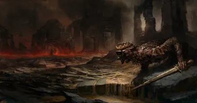 Dark Crowned Creature Wielding Black/Dark Wallpaper 4K 4971x2596 A, Dark, Crowned, Creature, Wielding, Sword, Stands, Amidst, Ruins, Portrayed, Vivid, Detail, Brown, Gray, Ultrawide, 4K