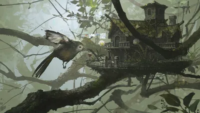 Fantasy Bird Treehouse Moss Covered Nature Wallpaper 4K 1920x1088 White, Gray, Full HD, Ultrawide