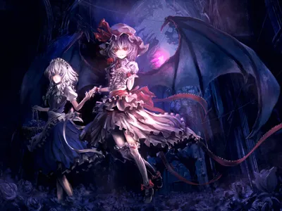 Sakuya Izayoi Remilia Scarlet Touhou Black/Dark Wallpaper 4K 1600x1200 Hd, Desktop, Wallpaper:, Featuring, Sakuya, Izayoi, And, Remilia, Scarlet, (touhou), Has, Wings, Gray, Brown, Landscape