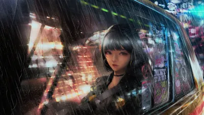 Serene Cyberpunk Wallpaper World Wallpaper 4K 3840x2160 A, Cyberpunk-themed, Hd, Wallpaper:, Featuring, An, Anime, Girl, Taxi, Gazing, Out, Rain-soaked, Gray, Ultrawide, 4k