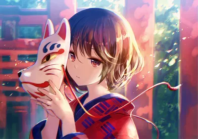 Anime Girl Holding Abstract Wallpaper 4K 1920x1351 Anime, Girl, Holding, A, Fox, Mask, Bathed, In, Warm, Sunlight, Vibrant, Colorful, Blue, Pink, Landscape, Full HD