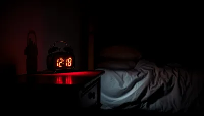 Misty Dark Wallpaper Black/Dark Wallpaper 4K 4344x2472 A, Dark, Scene, Featuring, Red-lit, Alarm, Clock, Displaying, Placed, Bedside, Table, Next, Red, Brown, Ultrawide, 4K