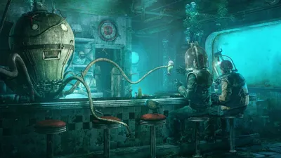 Underwater Sci People Diving Fantasy Wallpaper 4K 1920x1080 Underwater, Sci-fi, Wallpaper:, Featuring, People, In, Diving, Suits, Sitting, Bar, Served, Mechanical, Brown, Gray, Ultrawide, Full HD