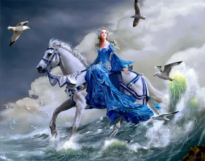 Fantasy Blonde Woman Blue Animals Wallpaper 4K 2270x1783 A, Fantasy, Hd, Desktop, Wallpaper:, Featuring, Blonde, Woman, Blue, Dress, Riding, Horse, Gray, Square, Full HD