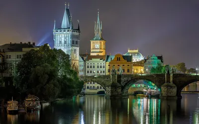 Nighttime Prague Riverside Illuminated Black/Dark Wallpaper 4K 1920x1200 Gray, Full HD, Ultrawide