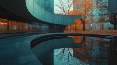 Bold Autumn Wallpaper World Wallpaper 4K 2912x1632 Hd, Desktop, Wallpaper, Showing, Autumn, Trees, And, Modern, Architecture, Reflected, Curved, Water, Gray, Brown, Ultrawide, QHD