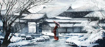 Anime Winter Snow Nature Wallpaper 4K 2432x1080 An, Anime-style, Winter, Scene, Of, A, Snow-covered, House, Surrounded, Trees, Person, Umbrella, White, Ultrawide, Full HD
